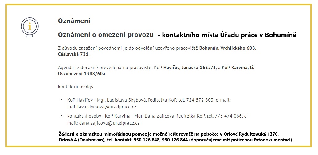 Omezení provozu úřadu práce Bohumín