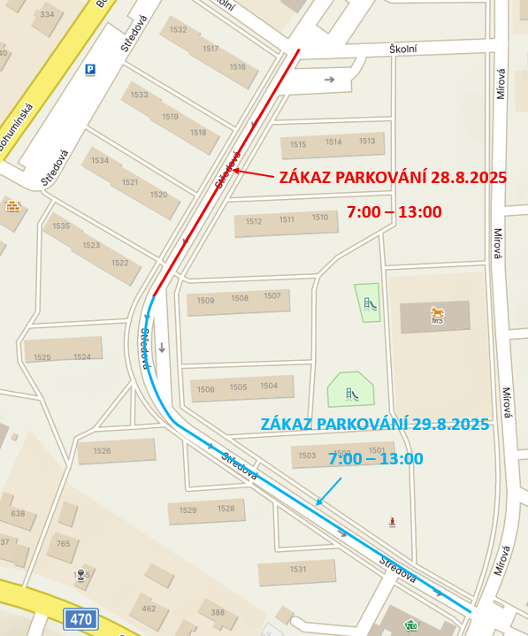 Mapa zákazu parkování v ul. Středová