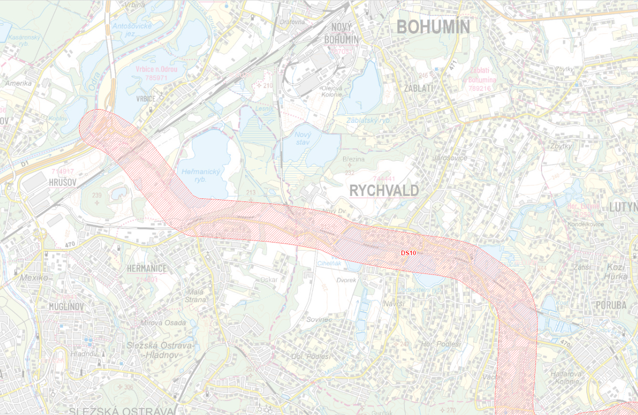 koridor-ds10-rychvald Mapa plánovaného koridoru DS10 z Geoportálu MSK